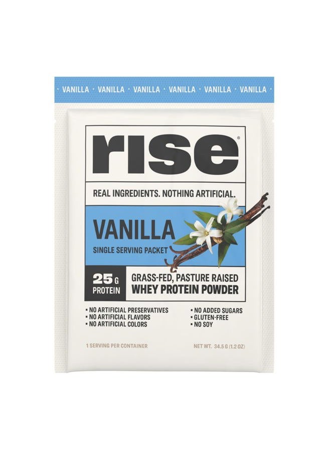 RISE مسحوق بروتين مصل اللبن من الأبقار التي تتغذى على العشب - فانيليا | 25 جرام بروتين بدون نكهات صناعية أو ألوان أو مواد حافظة - خالي من السكر، خالي من الجلوتين، خالي من الصويا (حصة واحدة، 1 عبوة) - Image 1